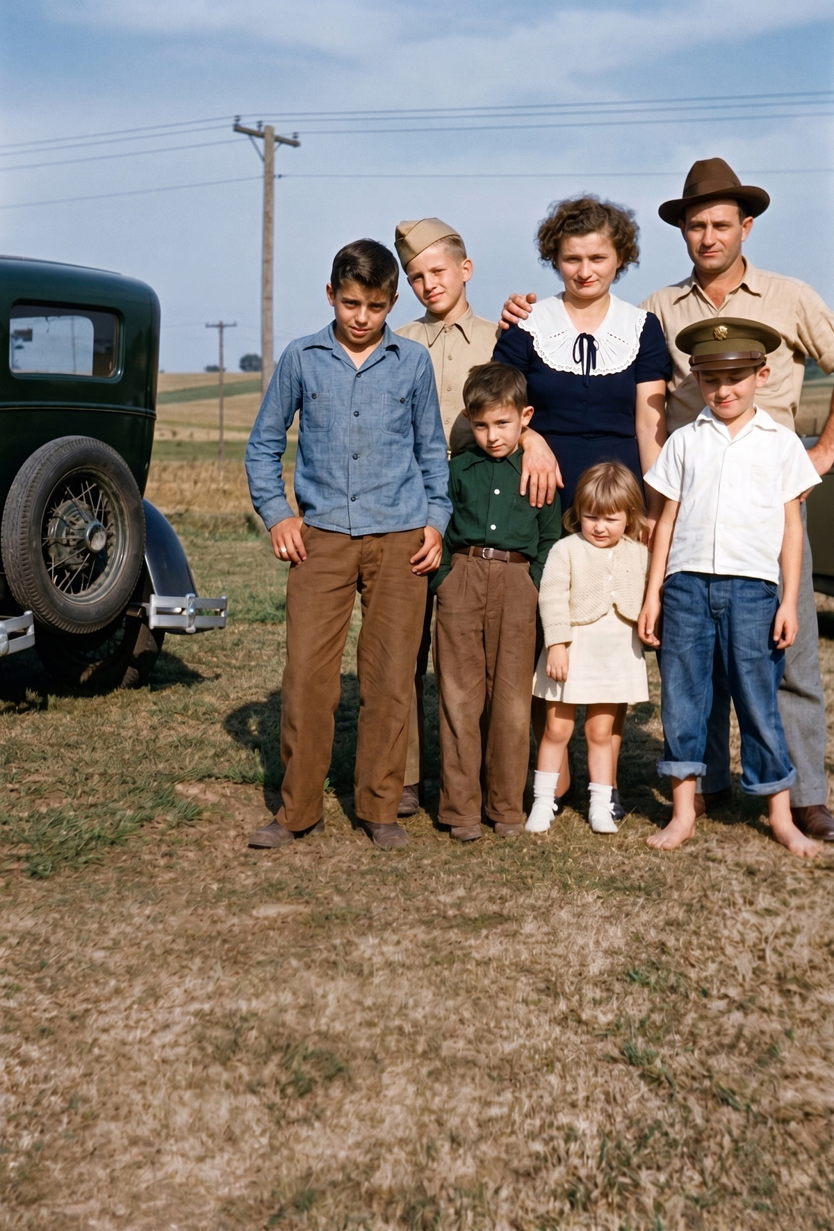 The restored family photograph with repaired detail and natural period color