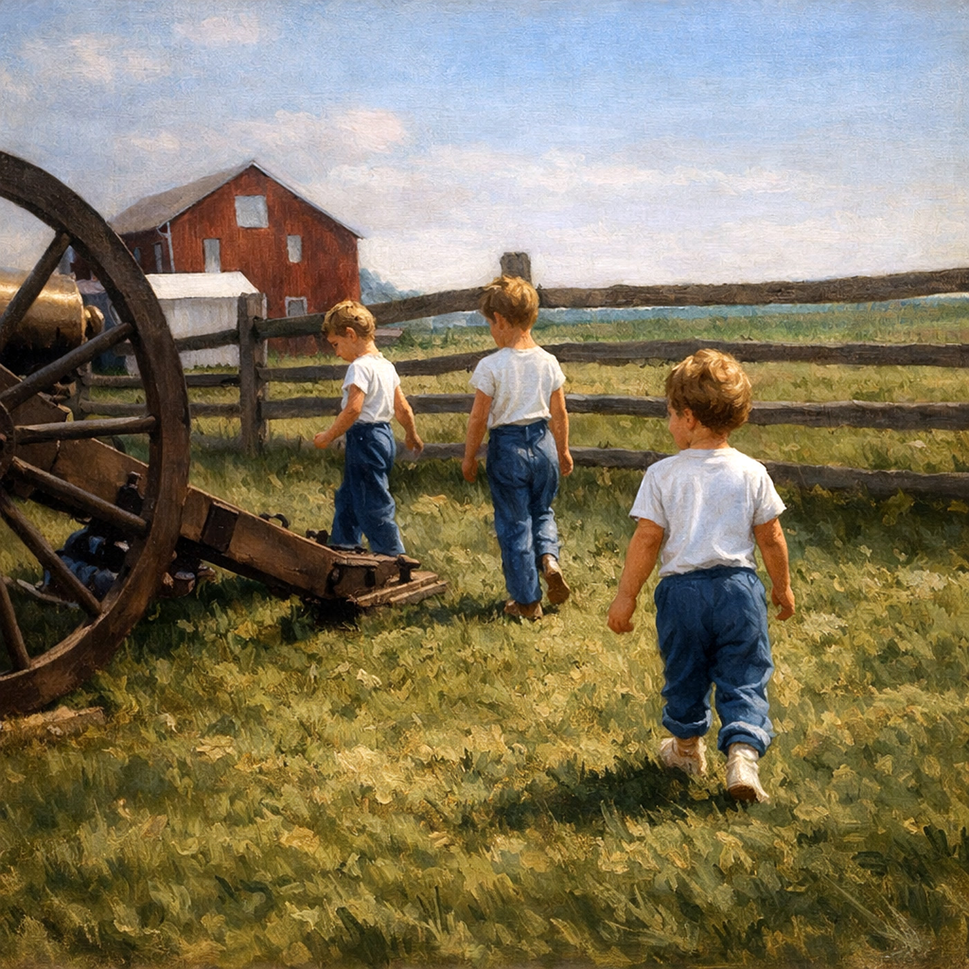 A warm color fine-art interpretation of the children in the farm field