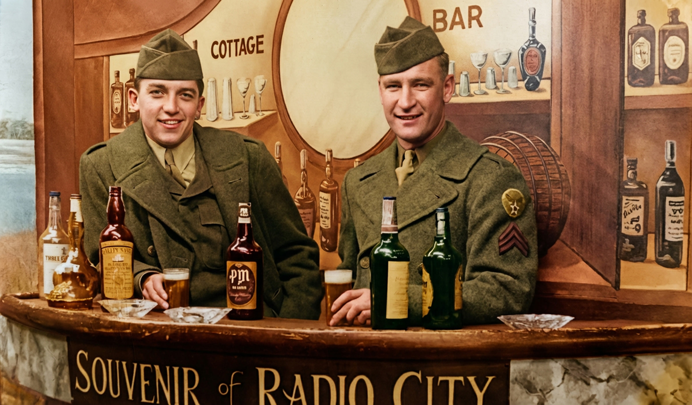 The restored color photograph of two servicemen behind the Radio City souvenir bar