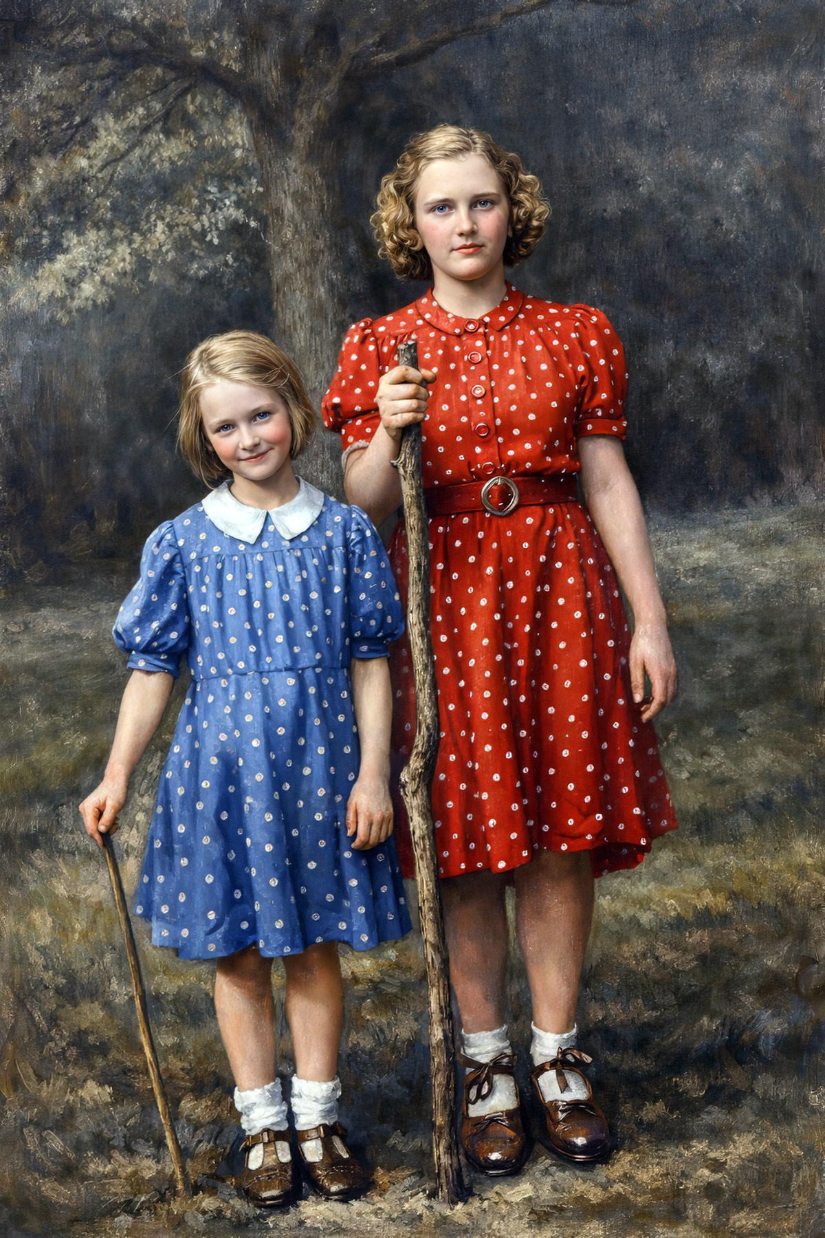 The reconstructed color portrait of the two sisters beneath the trees
